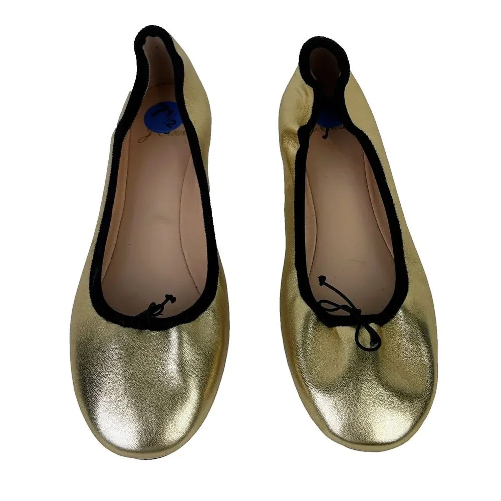J. Crew Elvie Gold Metallic Ballet Flats Leather Almond Toe Shoes Black Trim 7.5